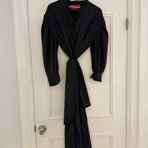 Heidi Merrick  Black silk satin Tie-Front drop shoulder Dress